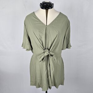 Bloomchic Blouse Women's 2X Green Plain Ruffle Sleeve Knot Front V-Neck NWT